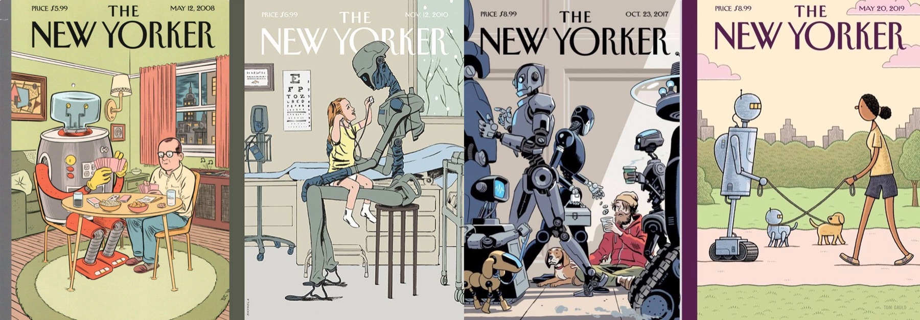 Four New Yorker covers depicting robots living alongside people: playing cards, examining a child, walking through a city, and walking a dog