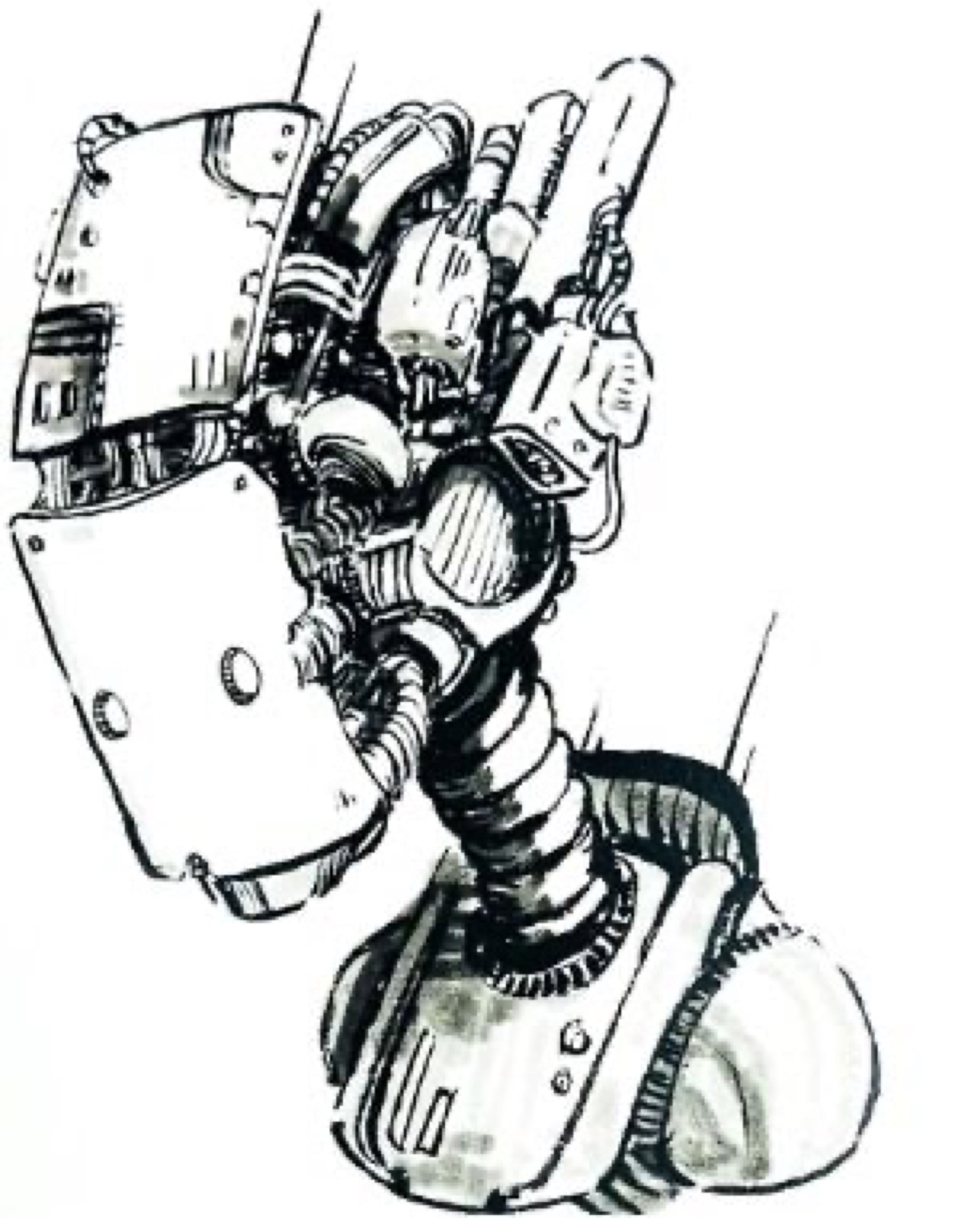 Ink drawing of a robot head on a segmented neck
